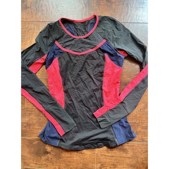 Lululemon Trail Bound Long Sleeve Top Luxtreme Electric Coral Deep Blue Sz 4 - Picture 1 of 7